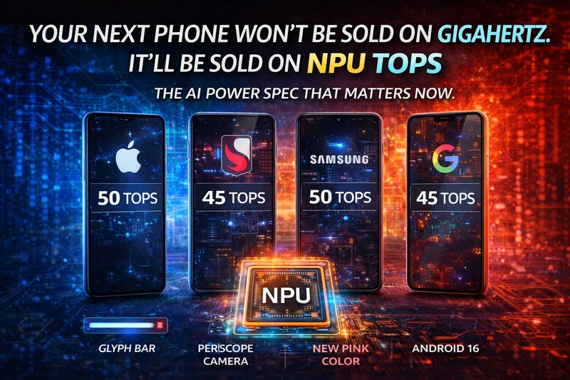 Graphic comparing NPU TOPS on flagship smartphones, emphasizing AI performance over gigahertz in 2026.