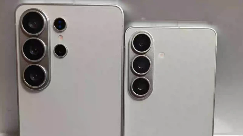 two samsung phones standing vertically